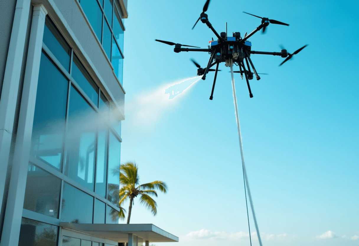 Drone cleaning modern glass building